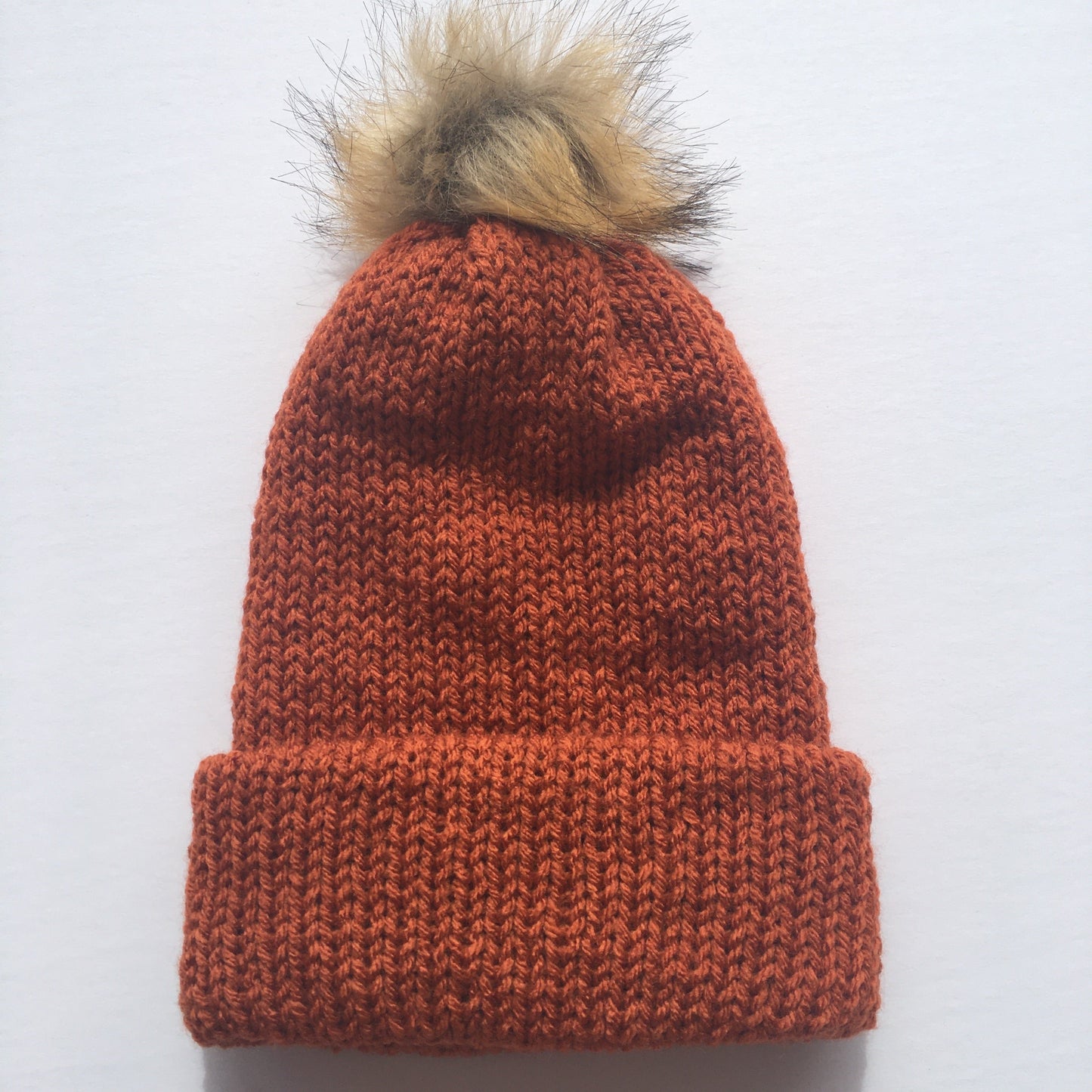 Double Layer Knit Beanie with Removable Pom Pom- 100% Acrylic - Burnt Orange