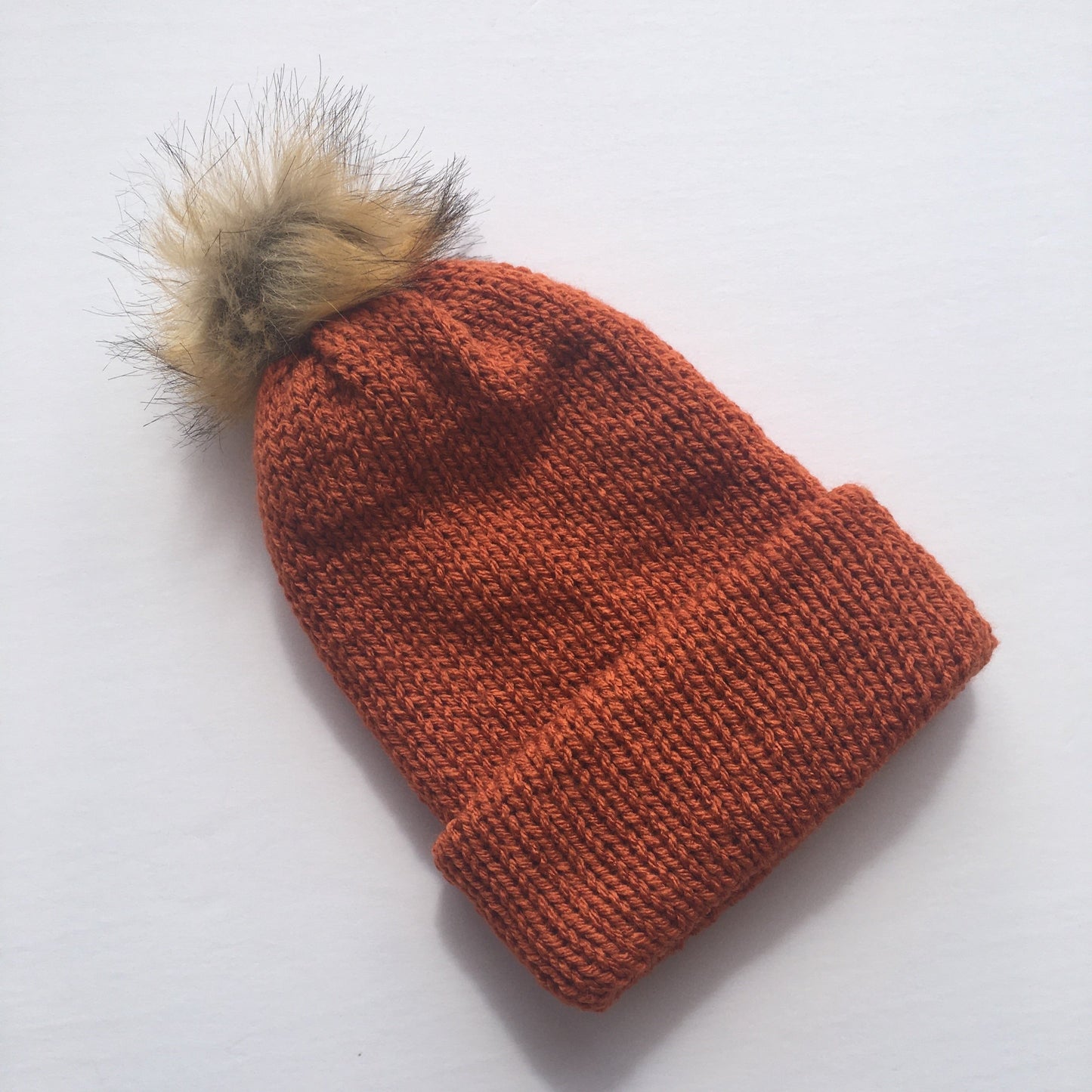 Double Layer Knit Beanie with Removable Pom Pom- 100% Acrylic - Burnt Orange