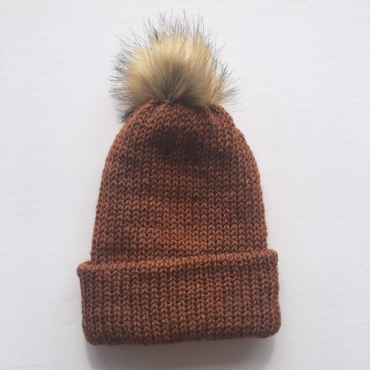 Double Layer Knit Beanie with Removable Pom Pom- 100% Acrylic - Brown