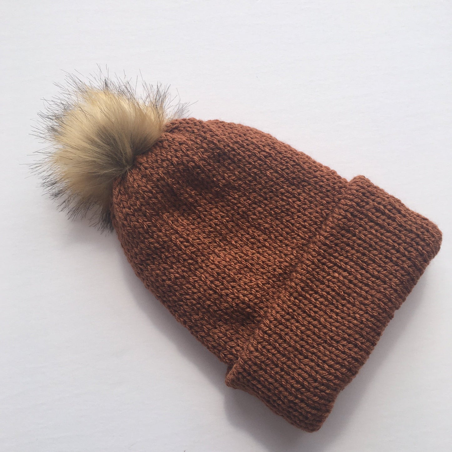 Double Layer Knit Beanie with Removable Pom Pom- 100% Acrylic - Brown