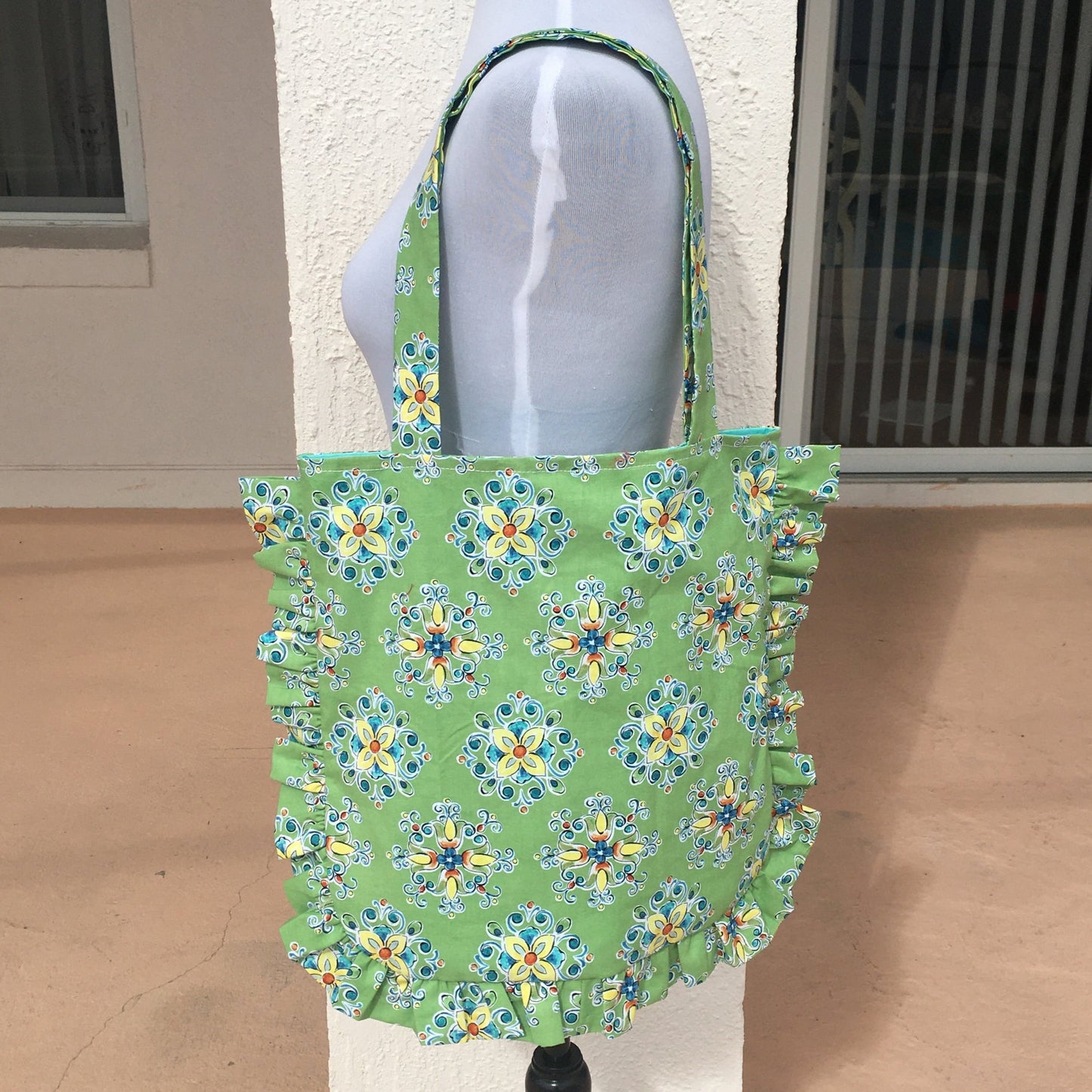 Handmade Green Floral Ruffle Tote Bag