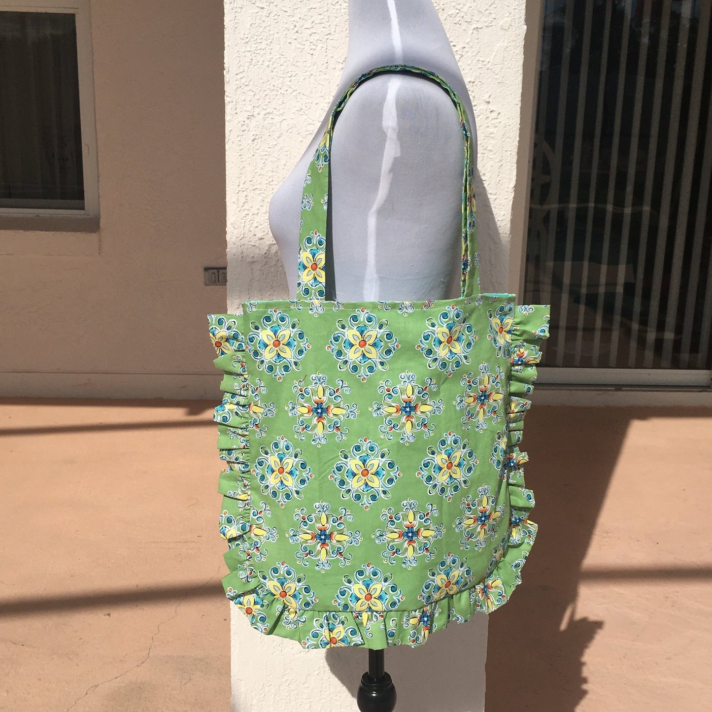 Handmade Green Floral Ruffle Tote Bag