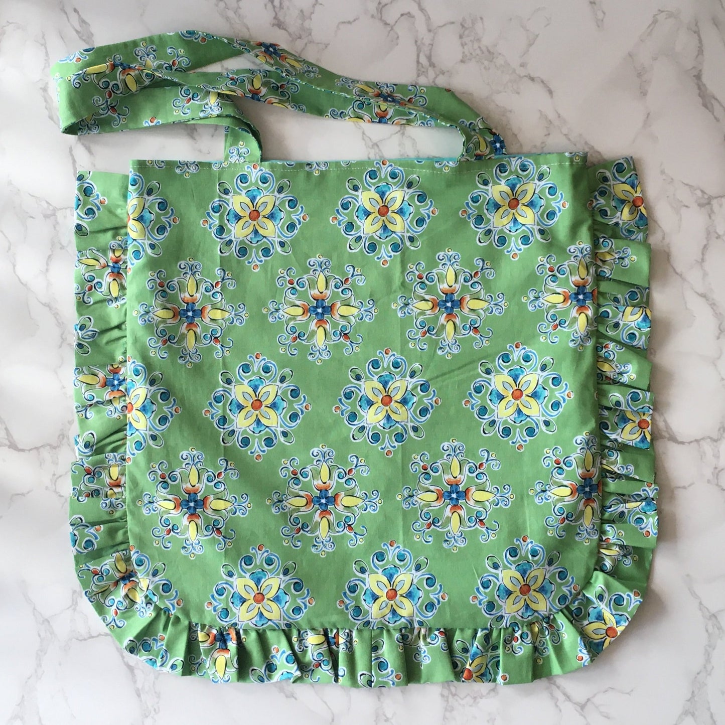 Handmade Green Floral Ruffle Tote Bag