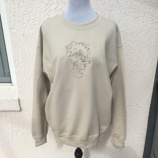 Black Woman Line Art Embroidered Crew Neck Sweatshirt