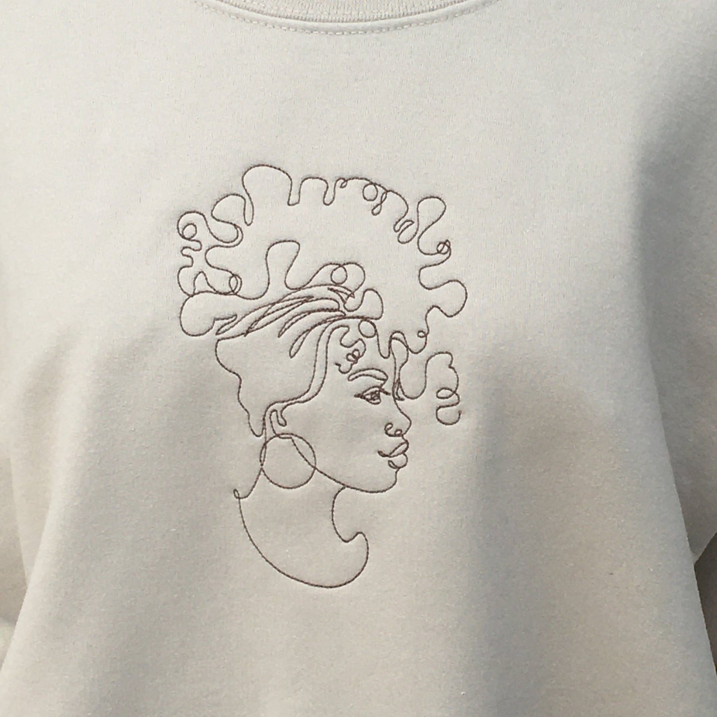 Black Woman Line Art Embroidered Crew Neck Sweatshirt