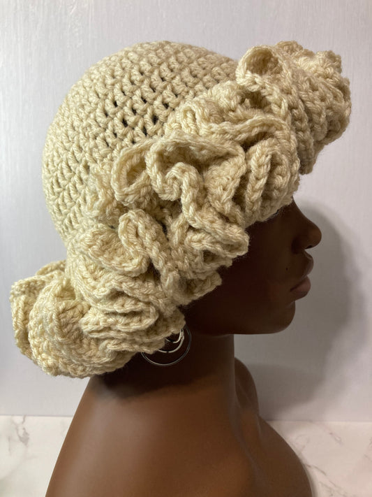 Ruffle Brim Crochet Hat - Cream