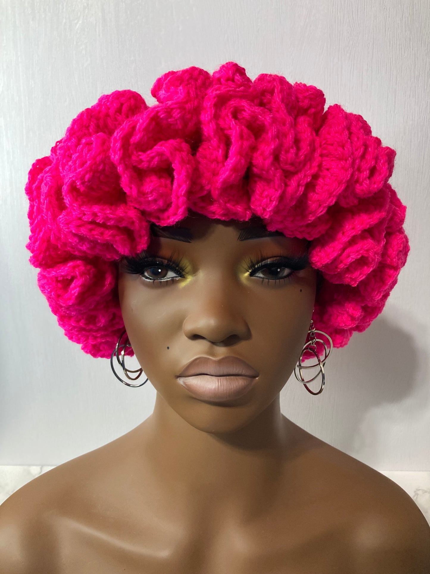 Ruffle Brim Crochet Hat - Hot Pink