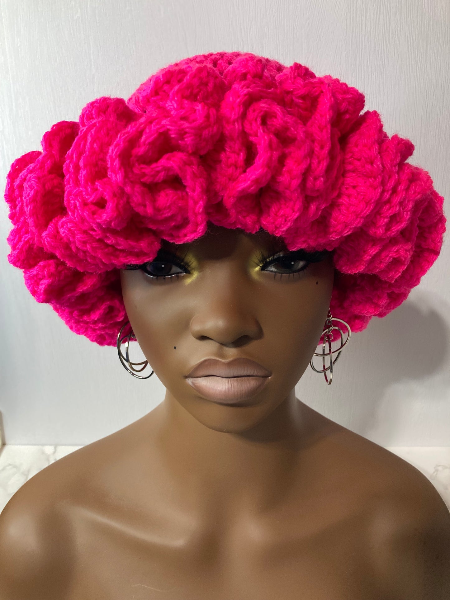 Ruffle Brim Crochet Hat - Hot Pink