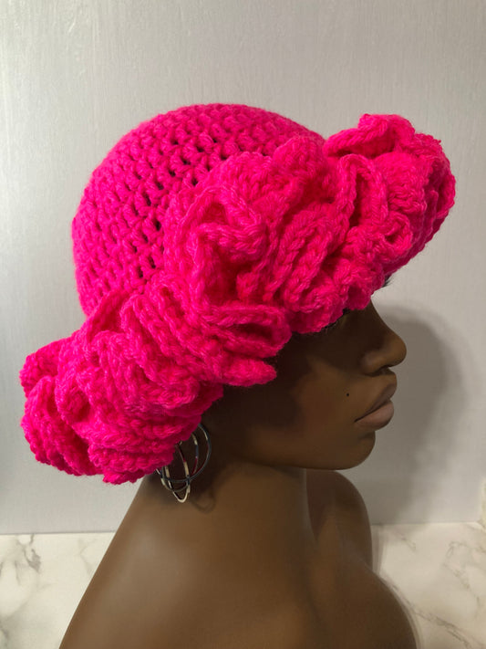 Ruffle Brim Crochet Hat - Hot Pink