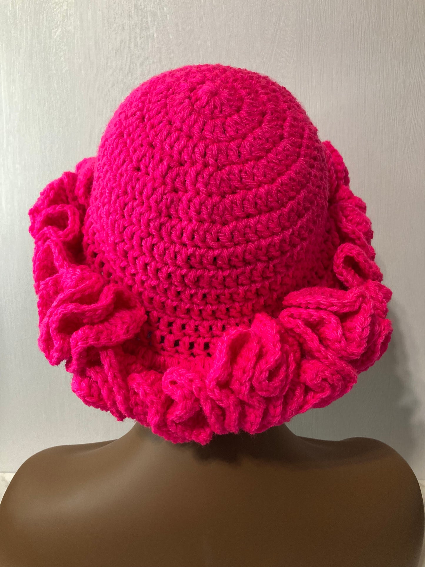 Ruffle Brim Crochet Hat - Hot Pink