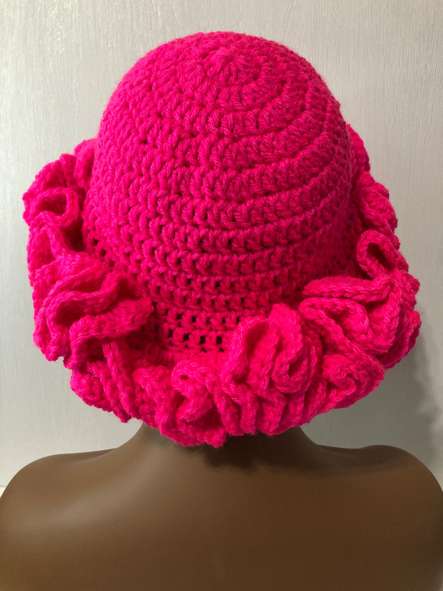 Ruffle Brim Crochet Hat - Hot Pink