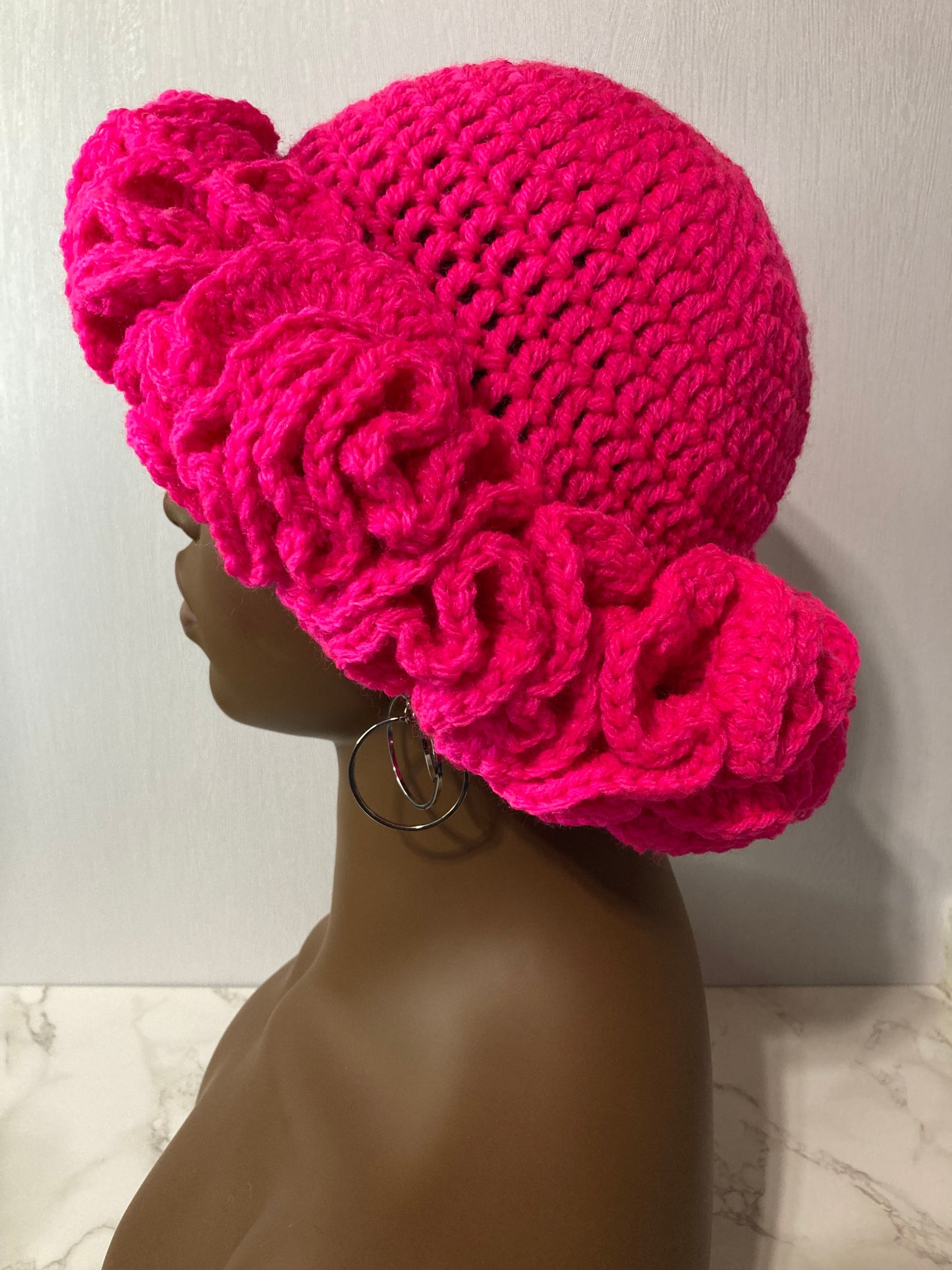 Ruffle Brim Crochet Hat - Hot Pink