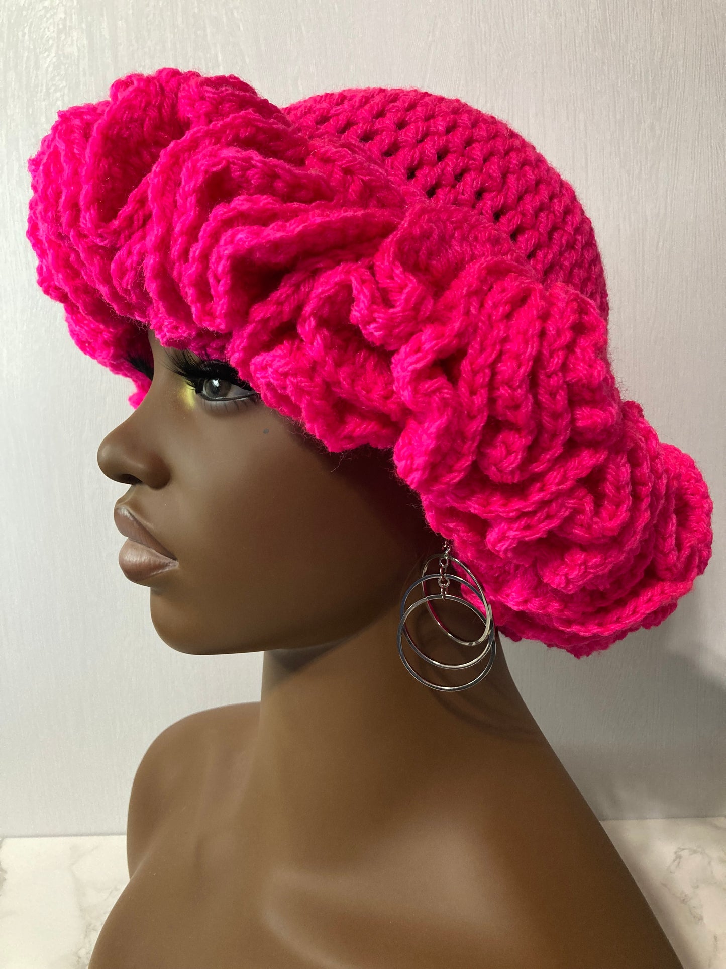 Ruffle Brim Crochet Hat - Hot Pink