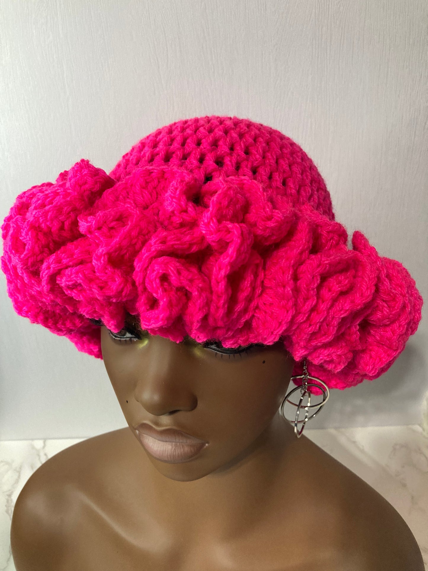 Ruffle Brim Crochet Hat - Hot Pink