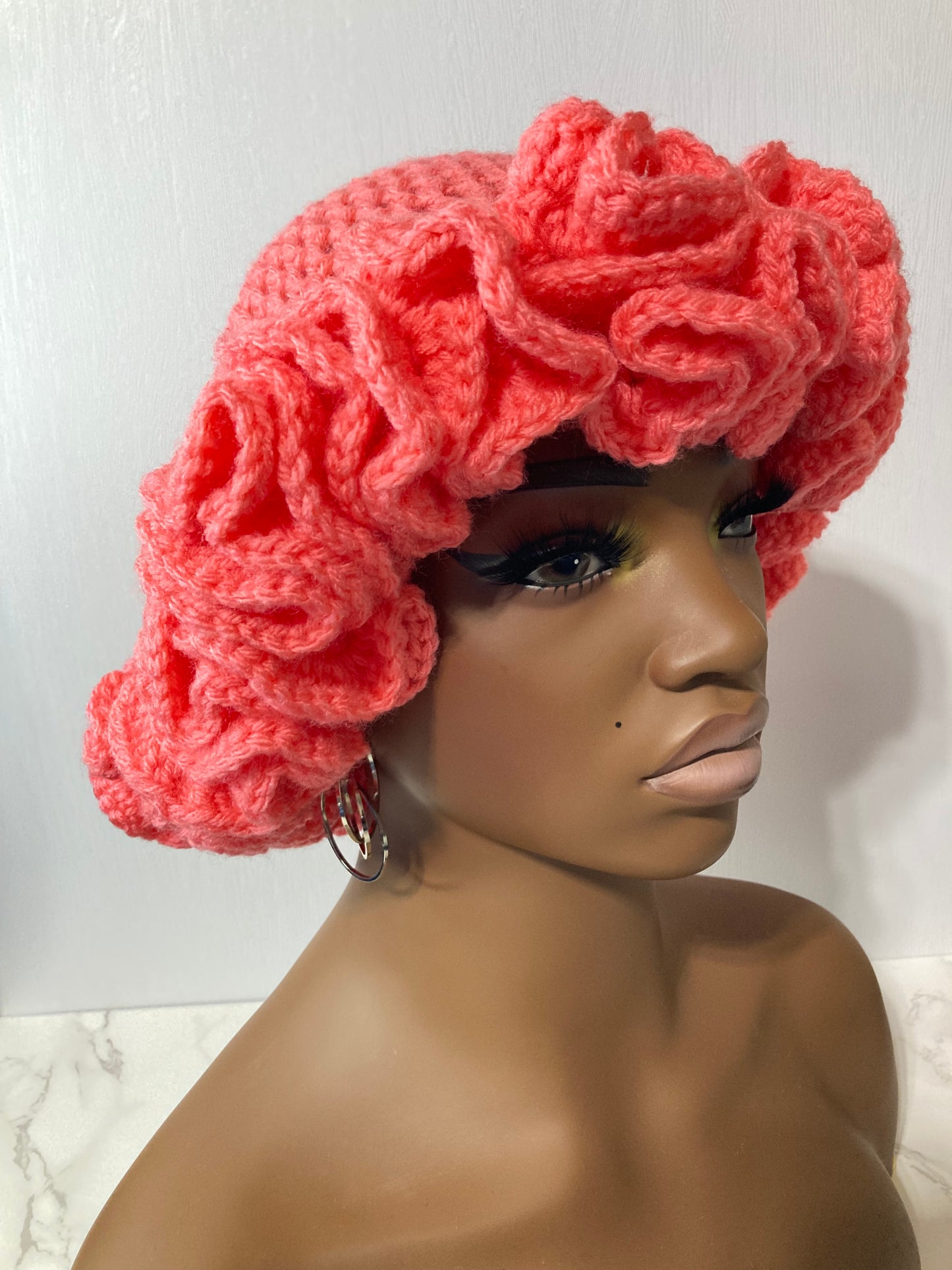 Ruffle Brim Crochet Hat - Persimmon