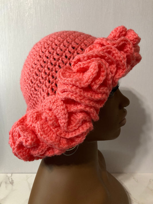 Ruffle Brim Crochet Hat - Persimmon