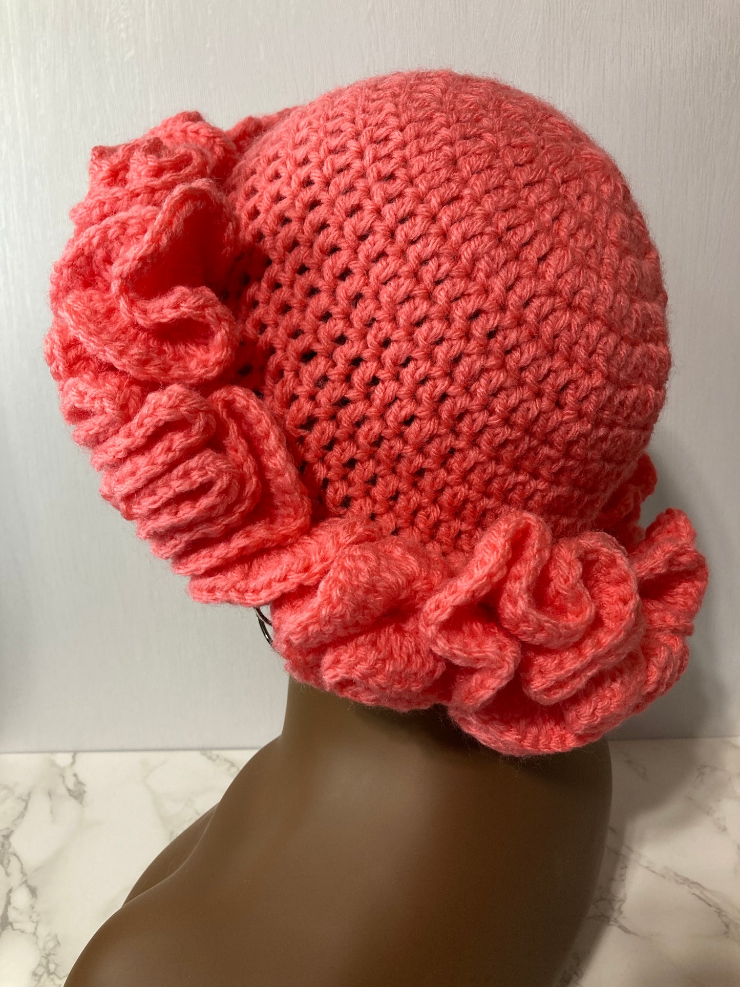 Ruffle Brim Crochet Hat - Persimmon