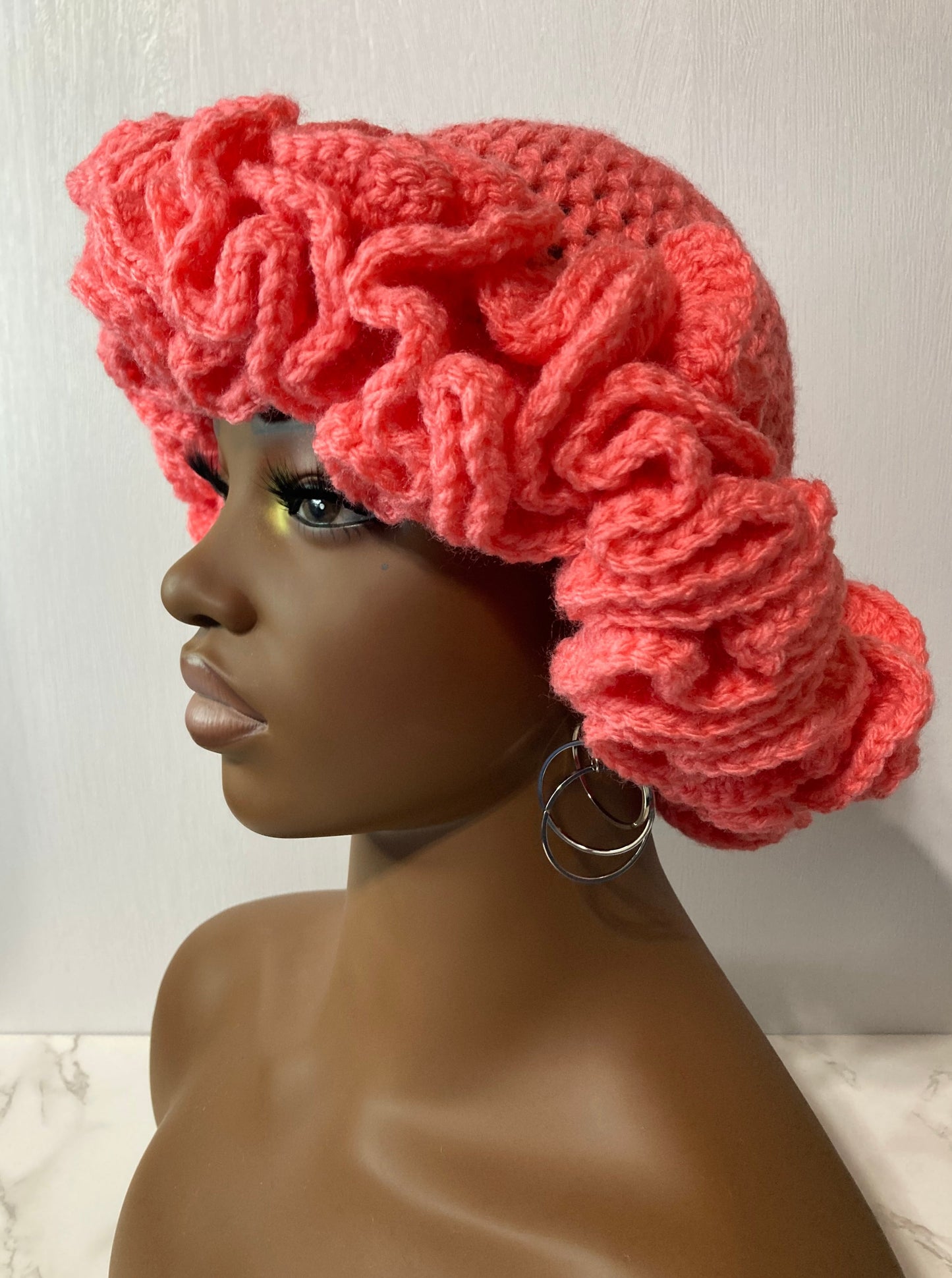 Ruffle Brim Crochet Hat - Persimmon