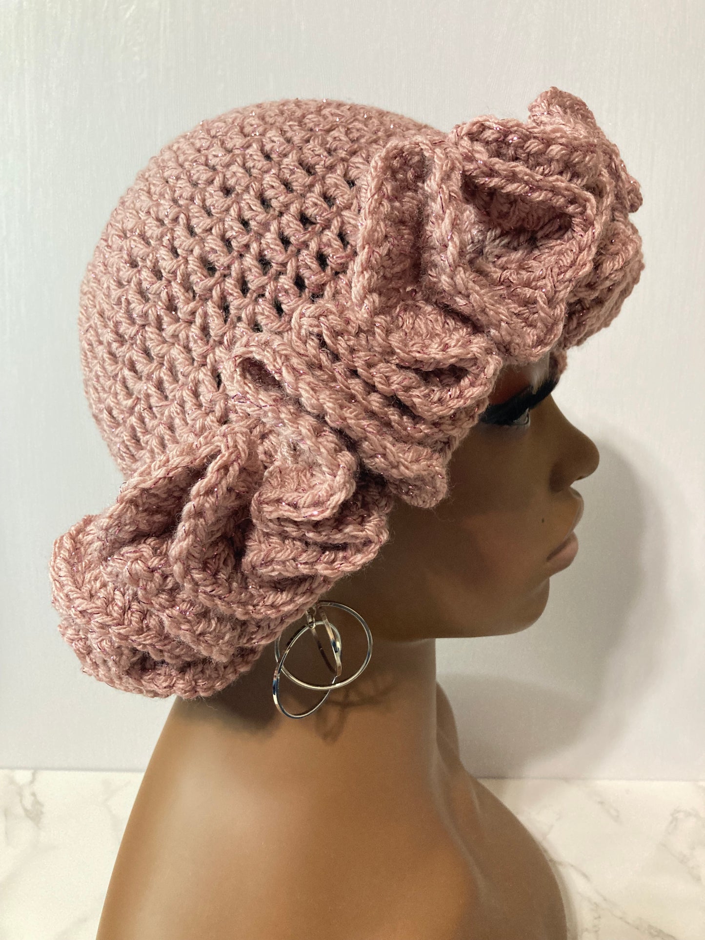 Ruffle Brim Crochet Hat - Rose Sparkle