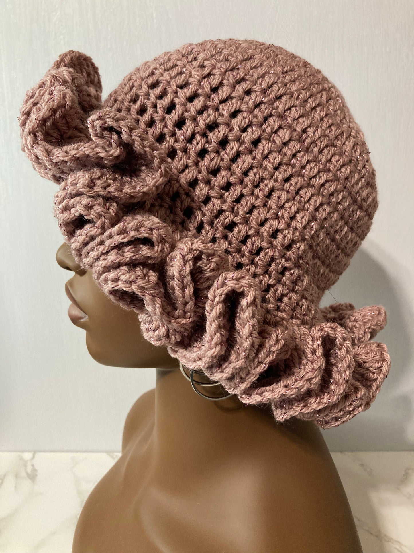 Ruffle Brim Crochet Hat - Rose Sparkle