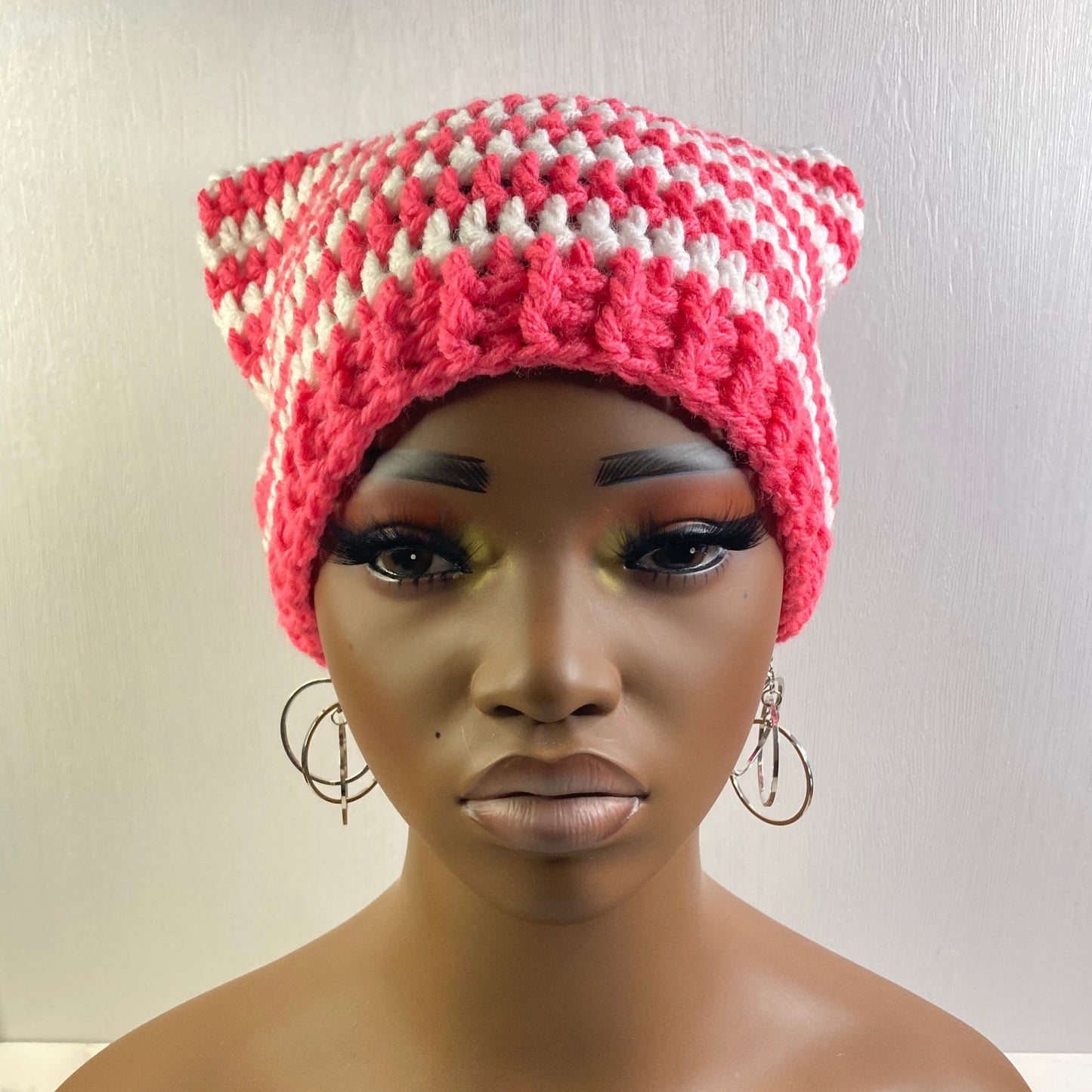 Crochet Cat Ear Beanie - Pink and White