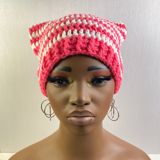 Crochet Cat Ear Beanie - Pink and White