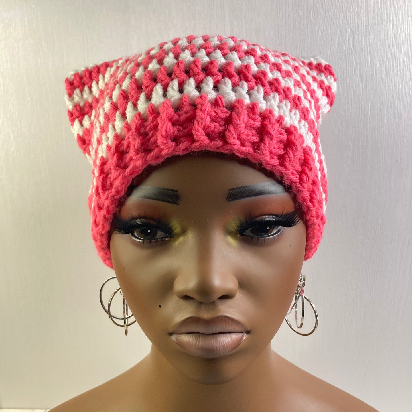 Crochet Cat Ear Beanie - Pink and White