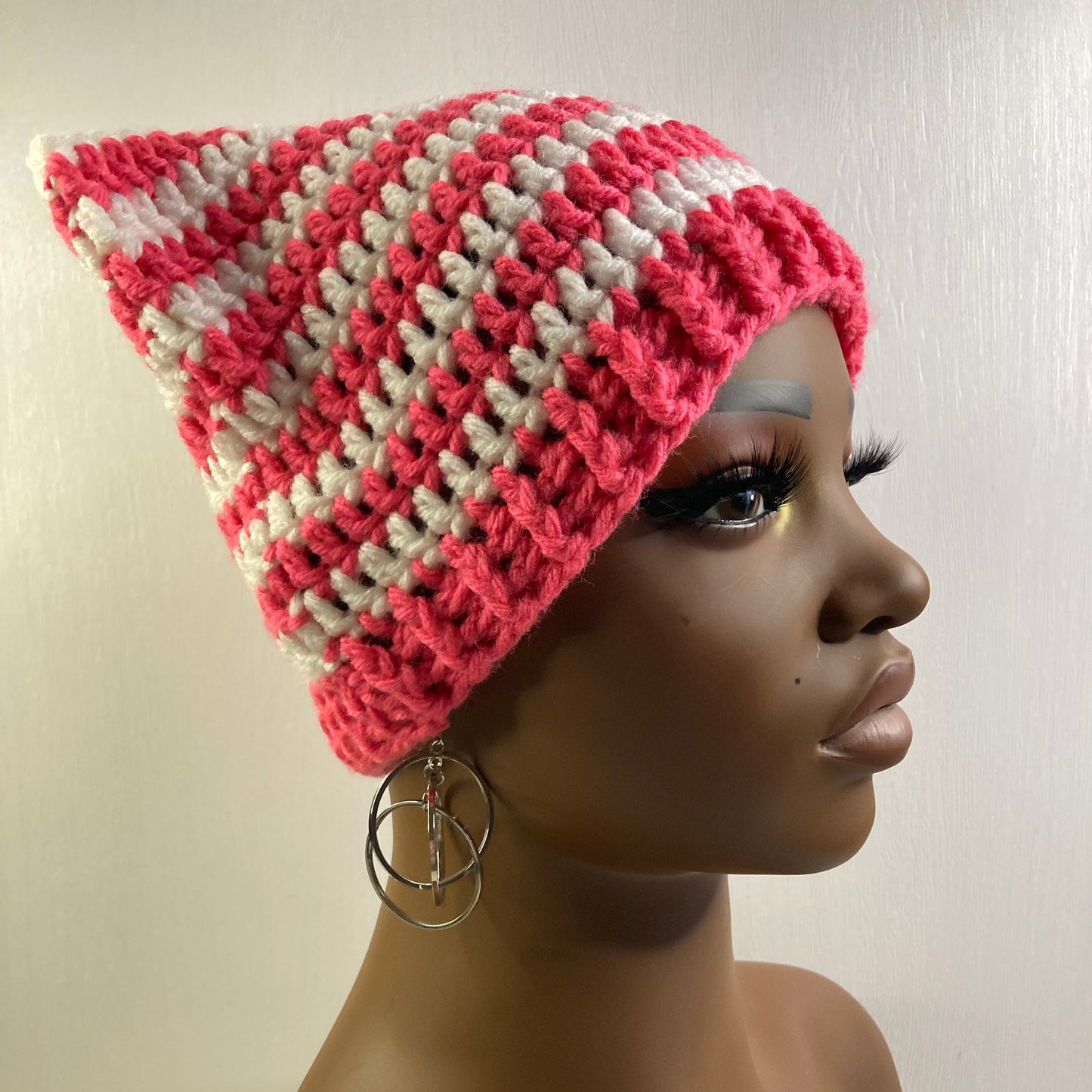 Crochet Cat Ear Beanie - Pink and White