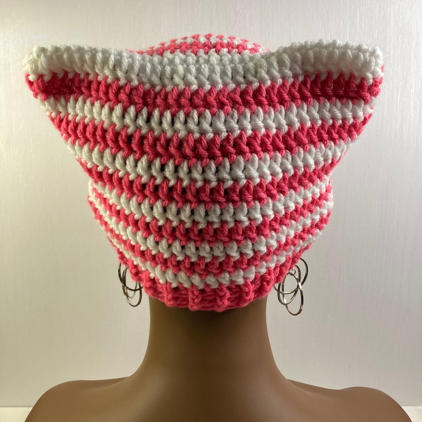 Crochet Cat Ear Beanie - Pink and White