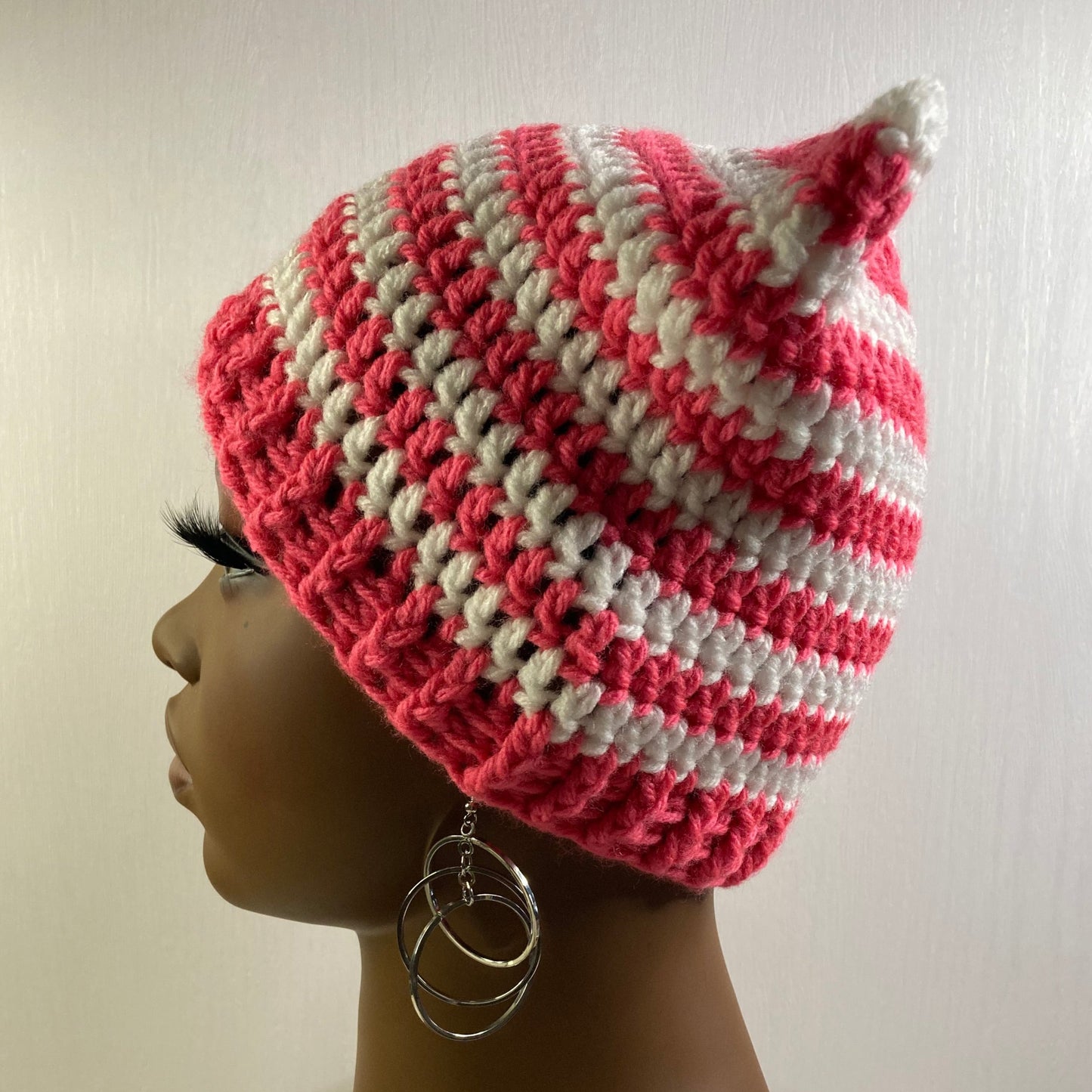 Crochet Cat Ear Beanie - Pink and White