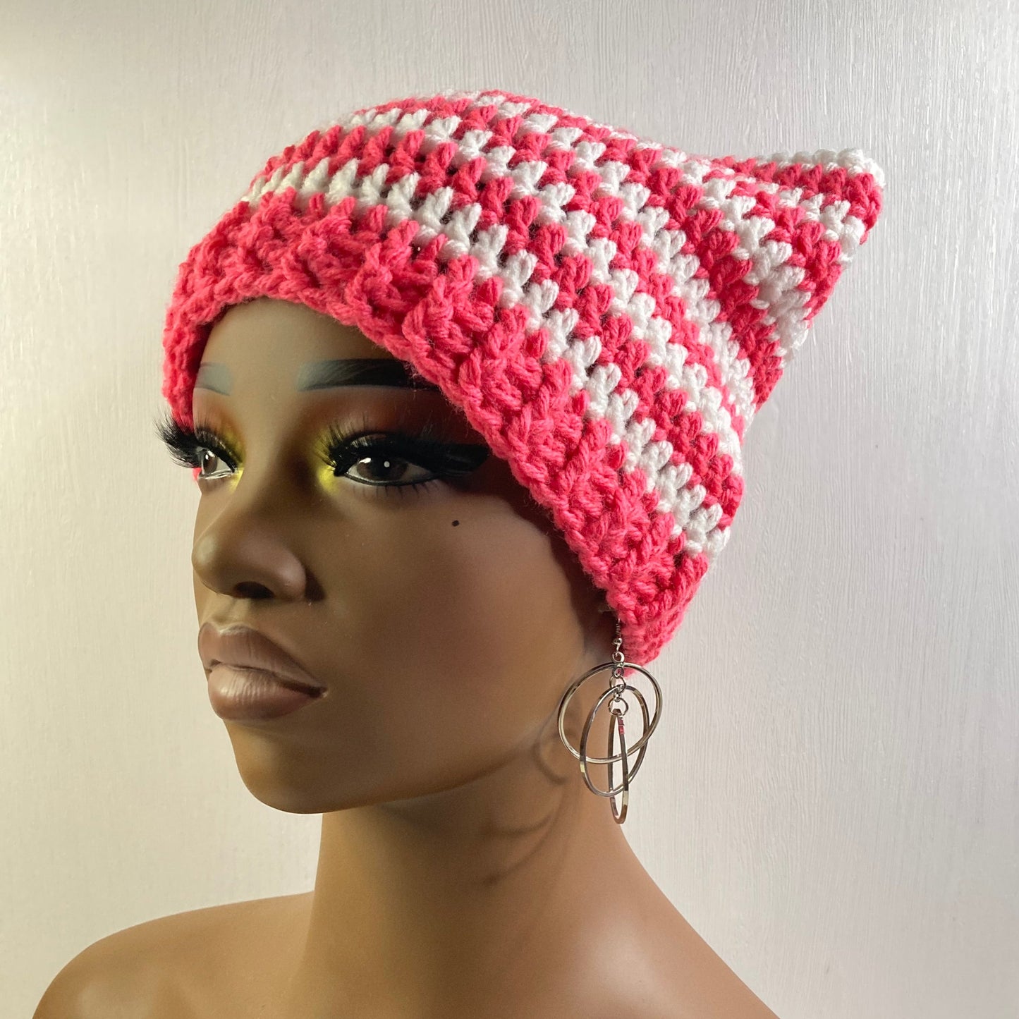 Crochet Cat Ear Beanie - Pink and White