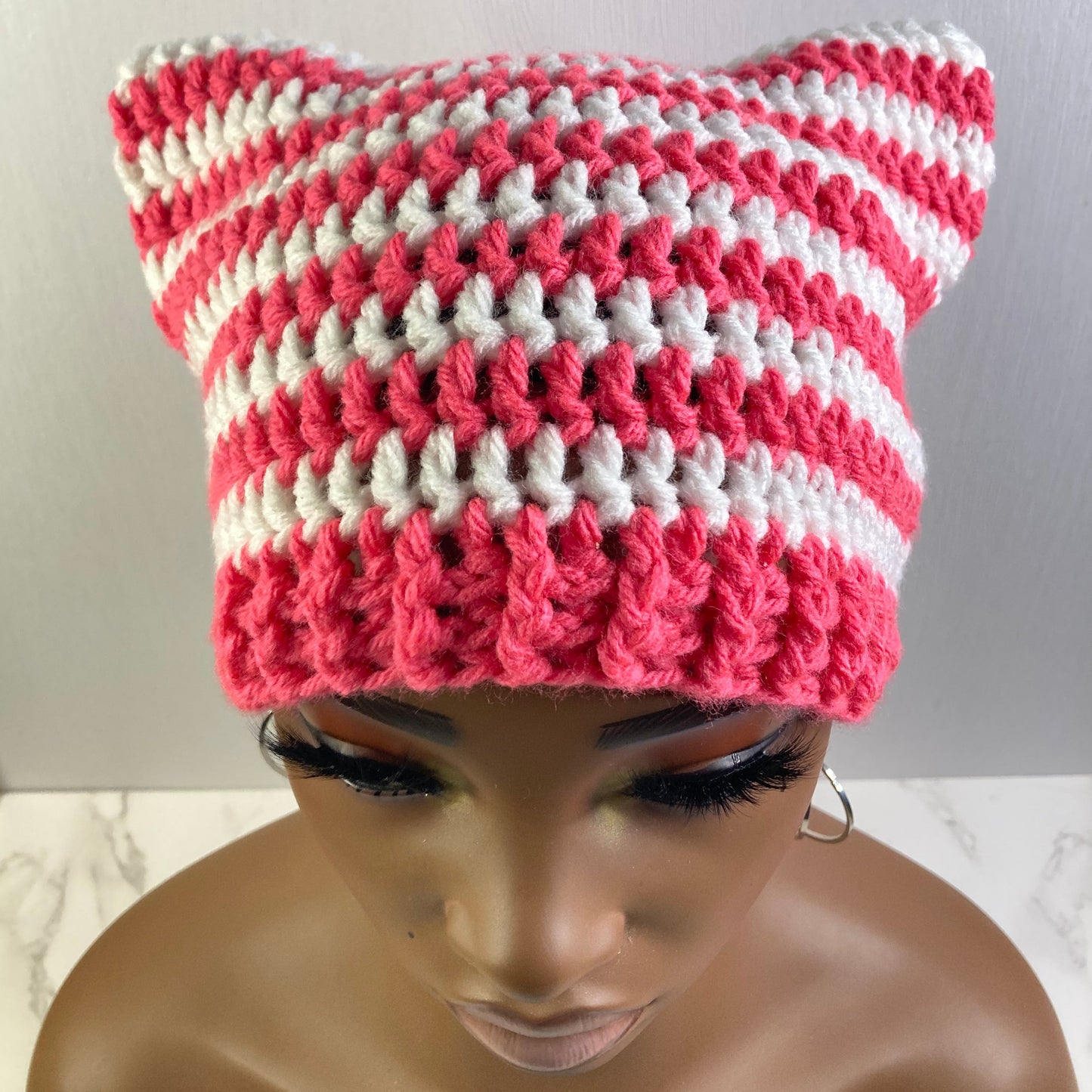 Crochet Cat Ear Beanie - Pink and White