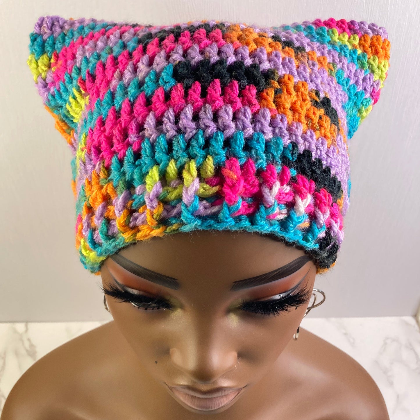 Crochet Cat Ear Beanie - Bright Rainbow