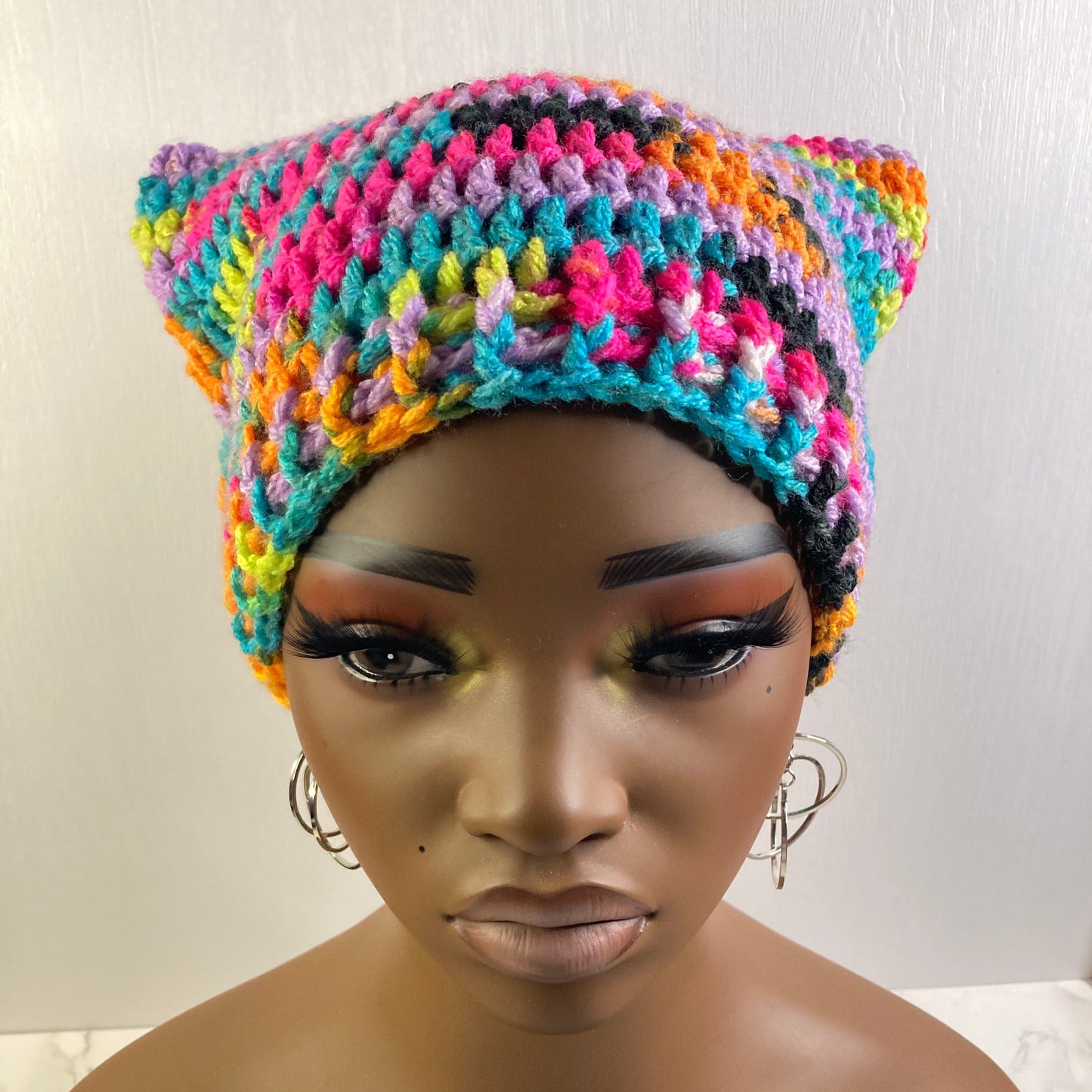 Crochet Cat Ear Beanie - Bright Rainbow