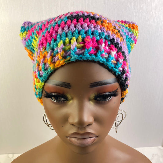 Crochet Cat Ear Beanie - Bright Rainbow