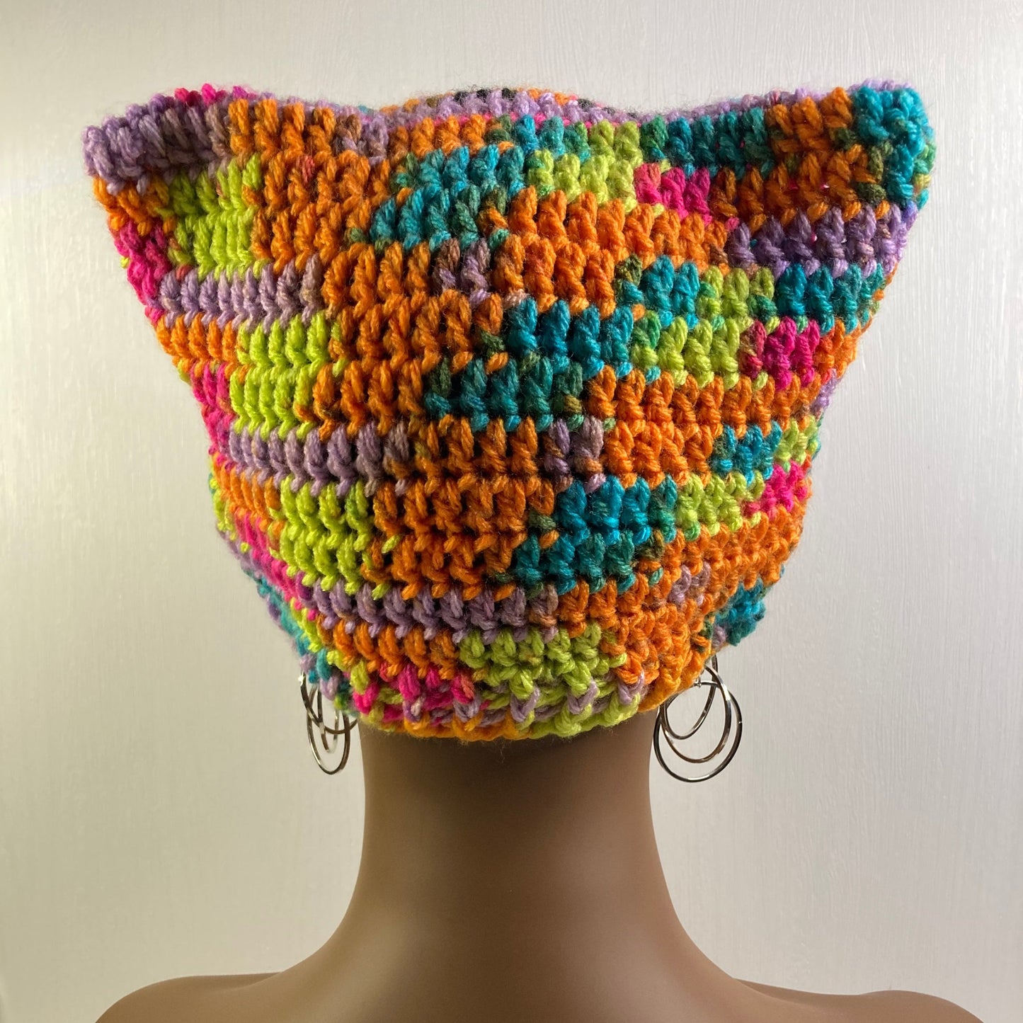 Crochet Cat Ear Beanie - Bright Rainbow