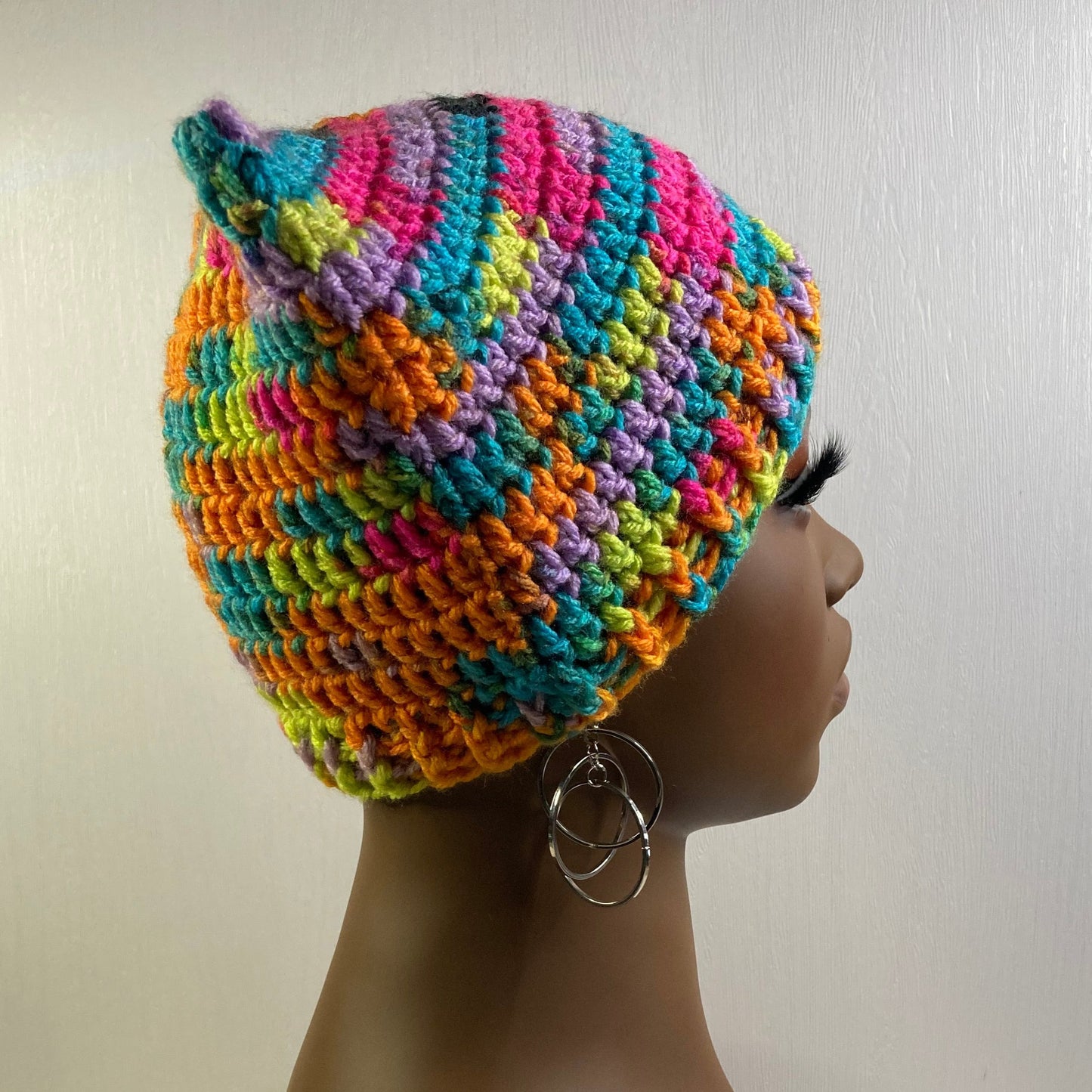 Crochet Cat Ear Beanie - Bright Rainbow