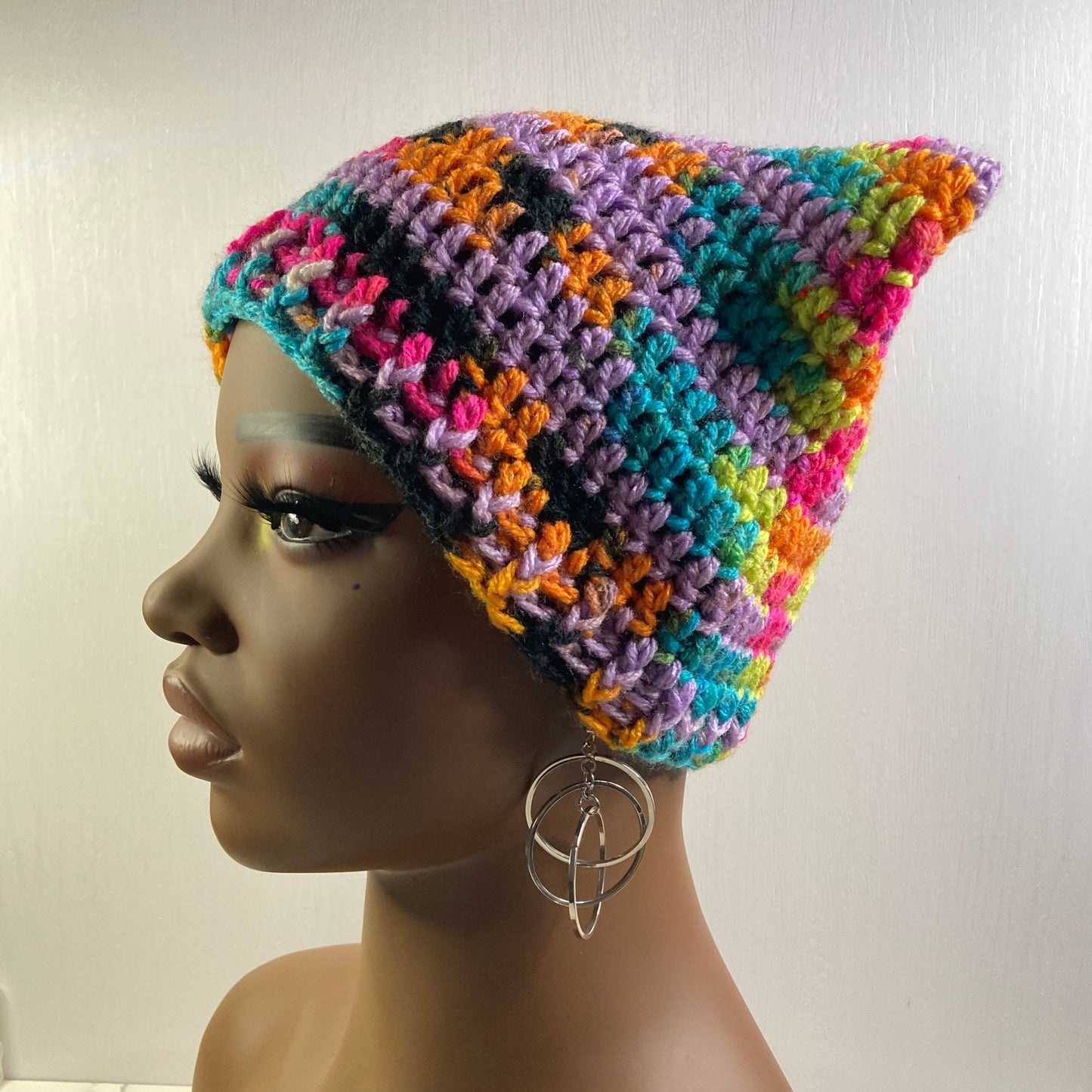 Crochet Cat Ear Beanie - Bright Rainbow