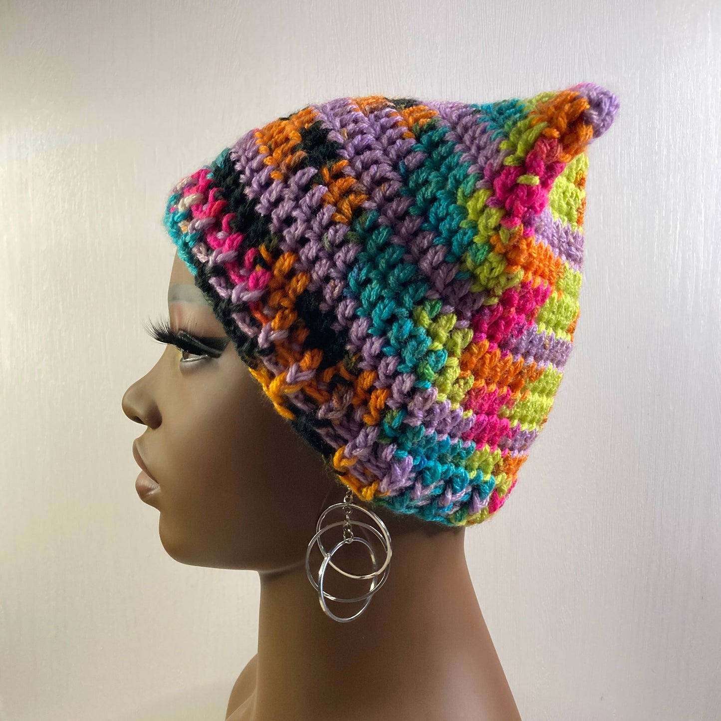 Crochet Cat Ear Beanie - Bright Rainbow