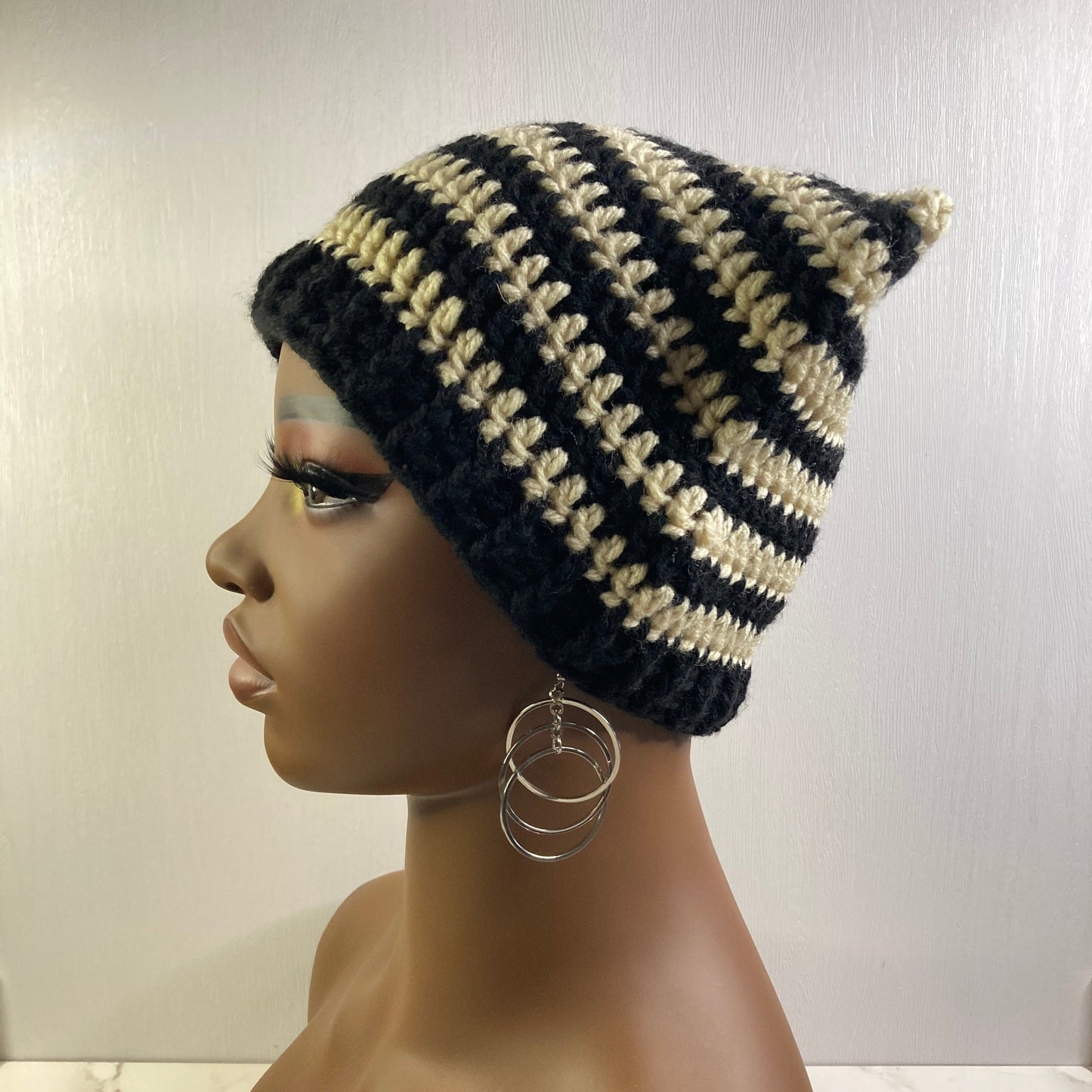 Crochet Cat Ear Beanie - Black and Cream