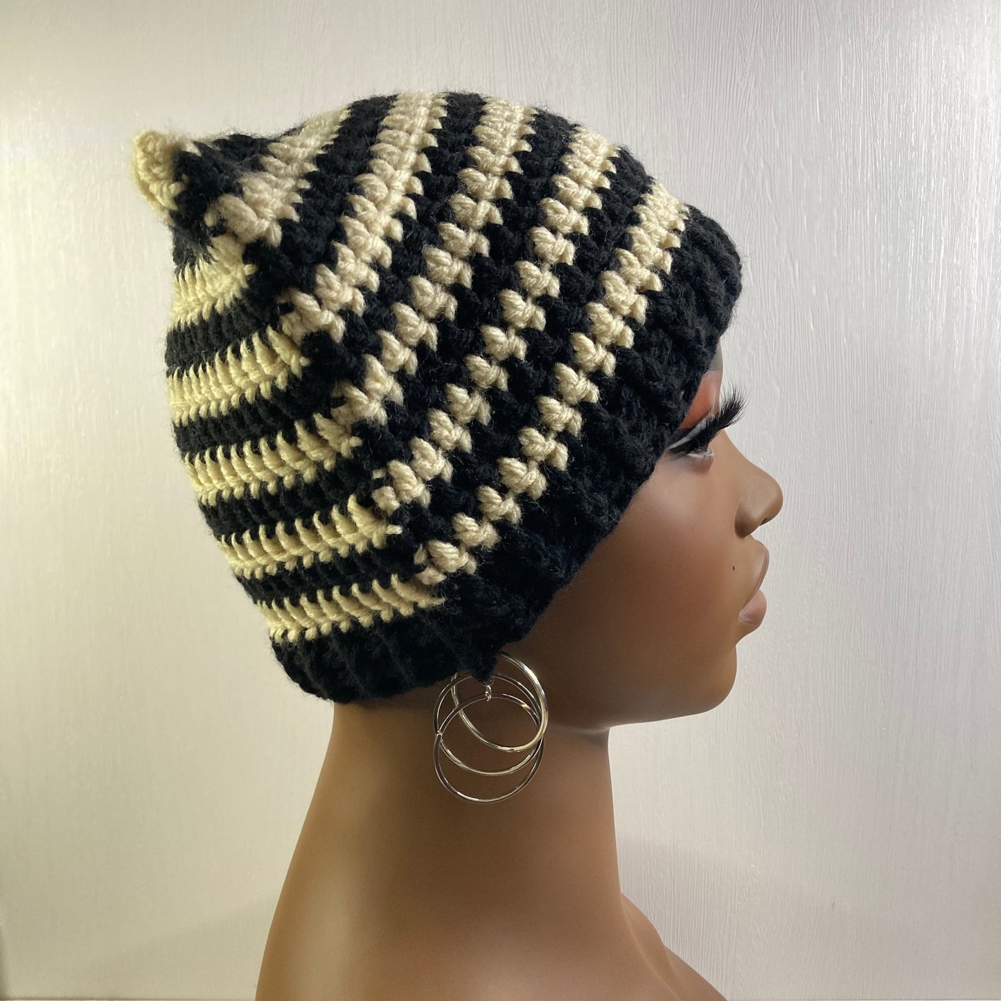 Crochet Cat Ear Beanie - Black and Cream