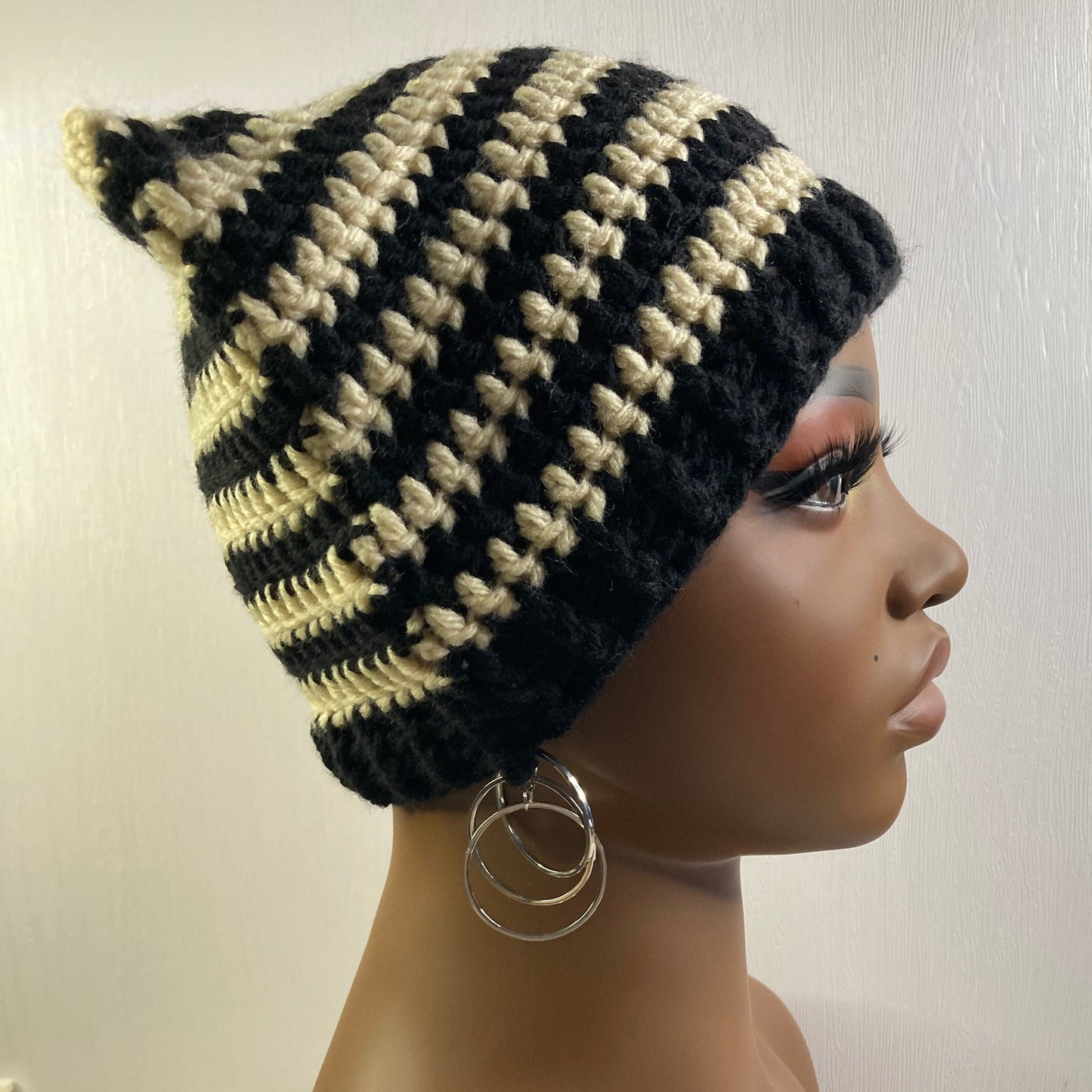 Crochet Cat Ear Beanie - Black and Cream