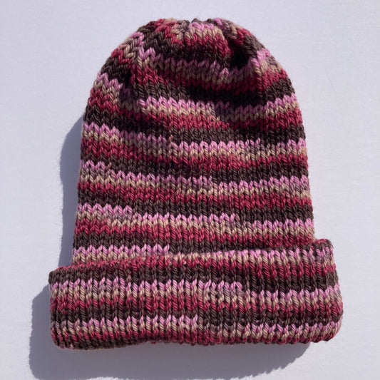 Double Layer Knit Beanie - 100% Wool - Rosewood Multicolor