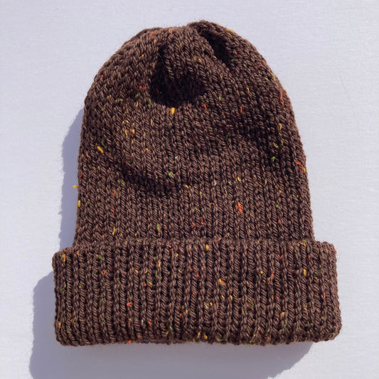 Double Layer Knit Beanie - 100% Wool - Chestnut Tweed