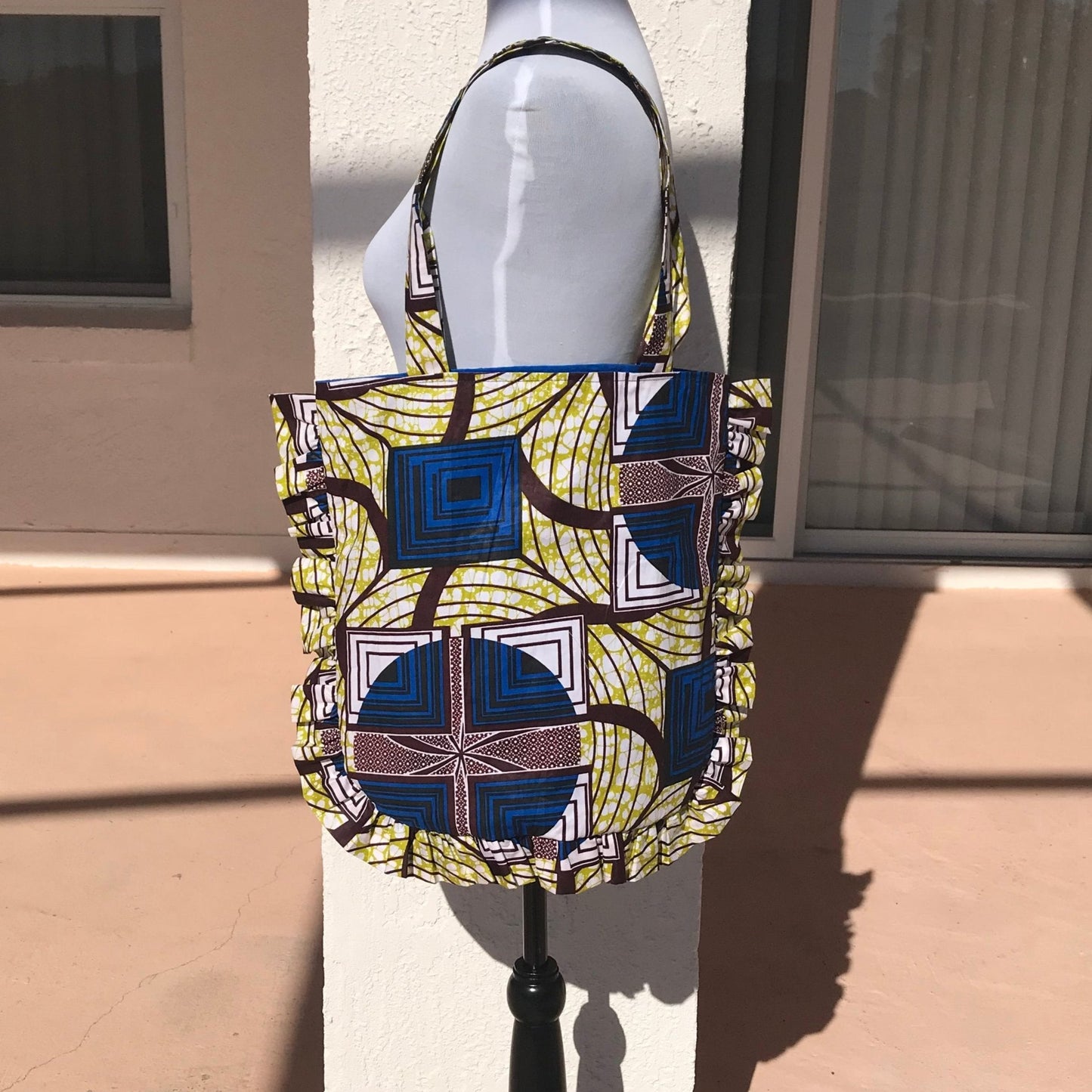 Handmade Blue Ankara Ruffle Tote Bag - African Print