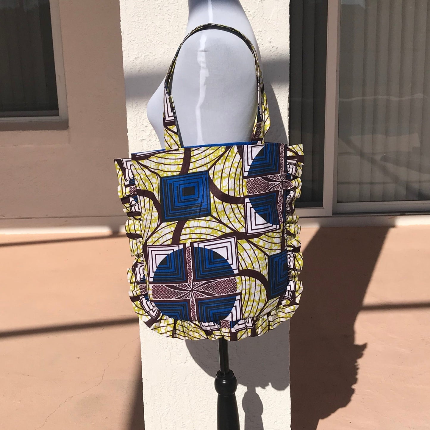 Handmade Blue Ankara Ruffle Tote Bag - African Print