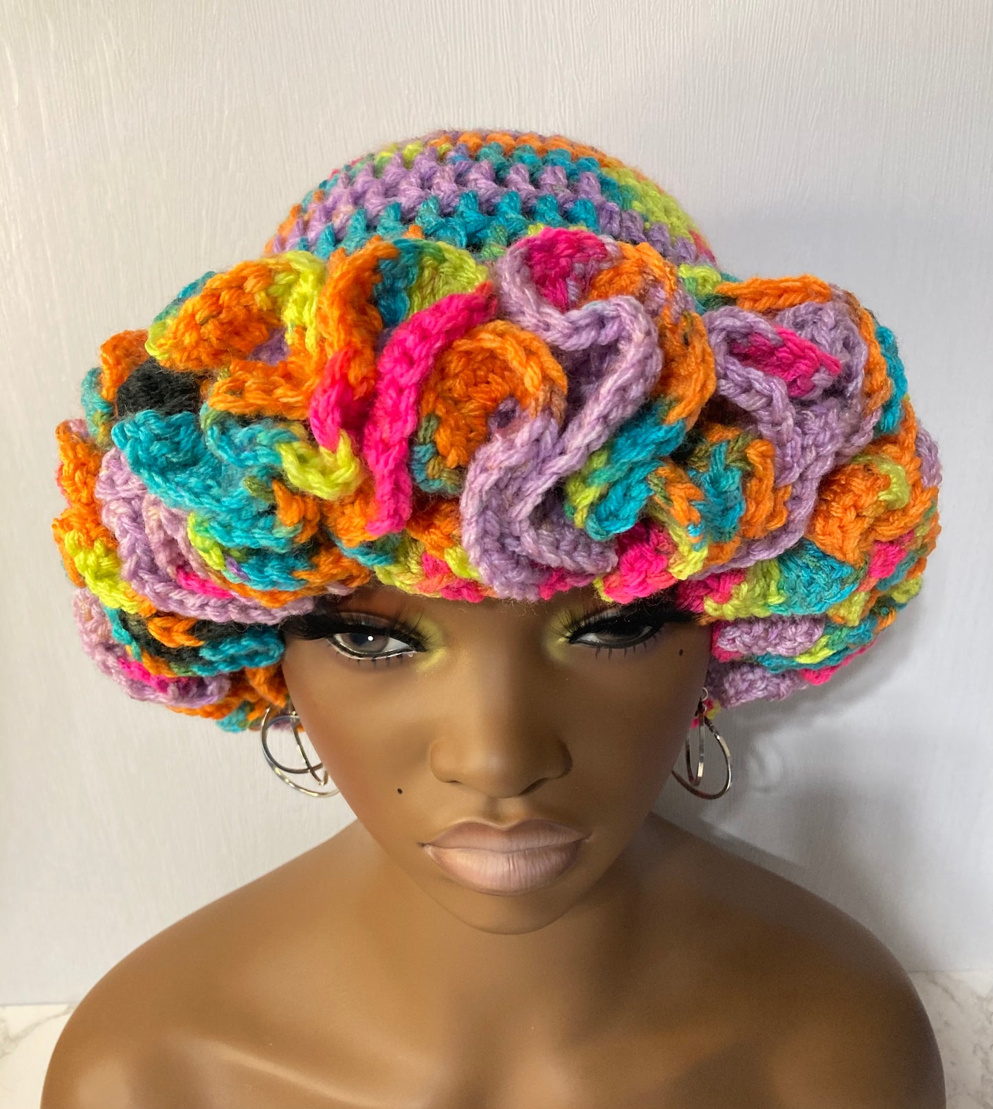 Ruffle Brim Crochet Hat - Bright Rainbow