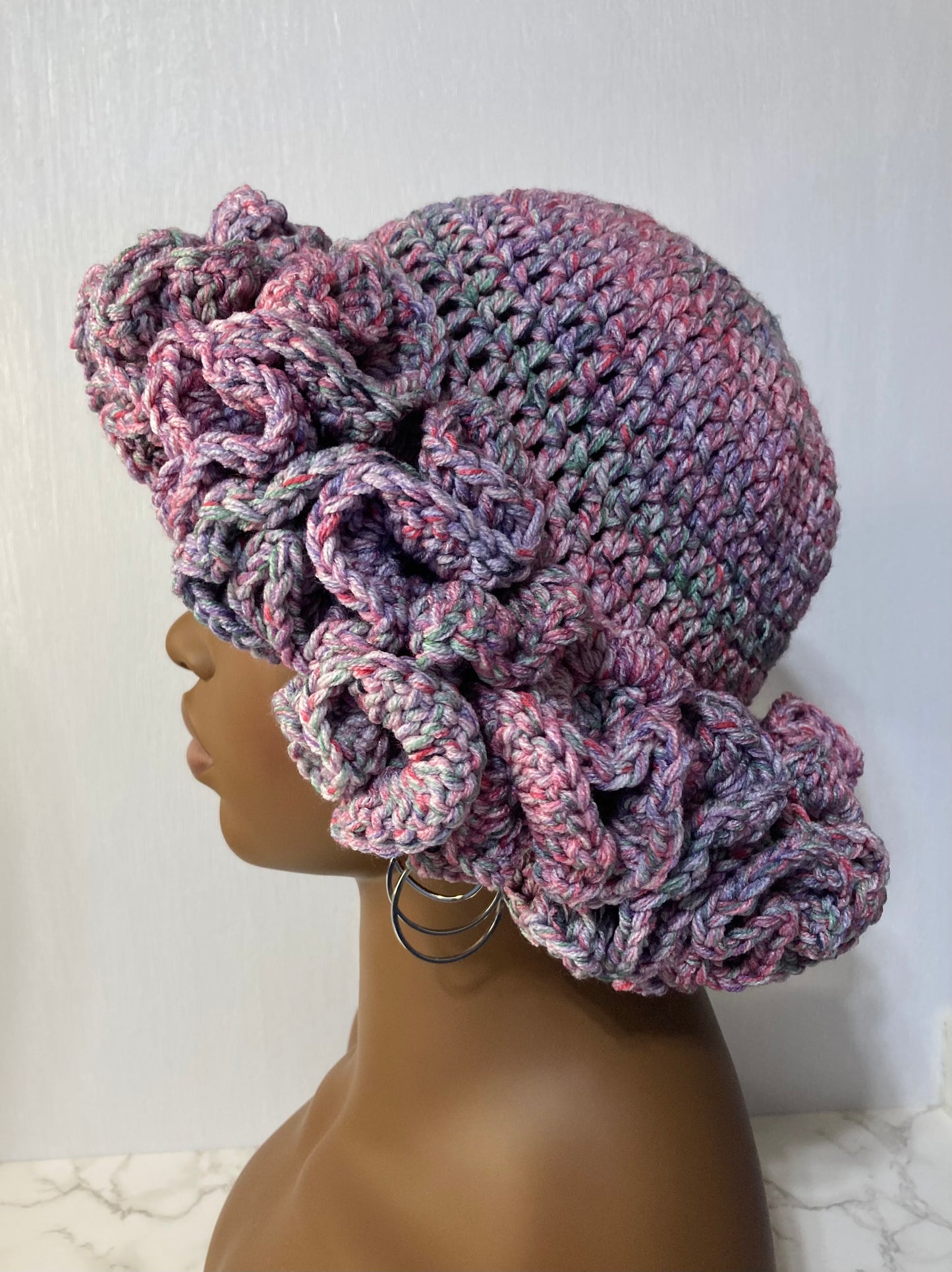 Ruffle Brim Crochet Hat - Bubble Gum