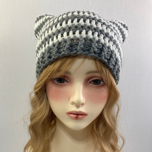 Crochet Cat Ear Beanie - Gray and White