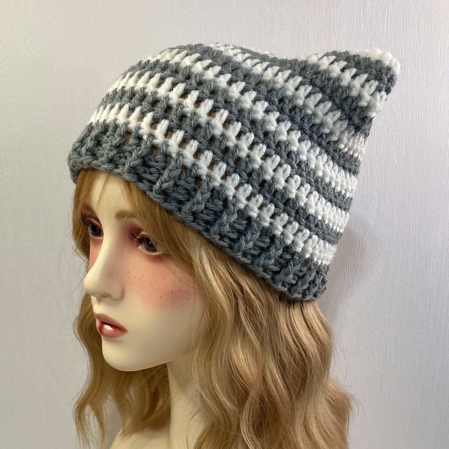 Crochet Cat Ear Beanie - Gray and White